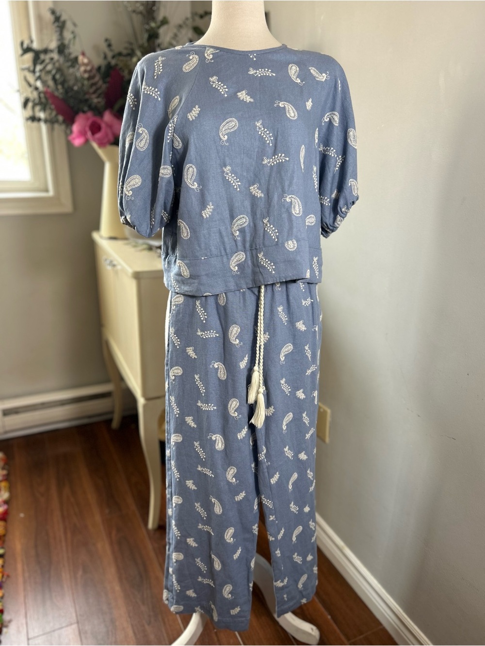 Blue Paisley Embroidered Linen Blend 2-Piece Set XS